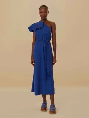 FARM Rio Navy Blue One Shoulder Leaf Lenzing Ecovero Euroflax Maxi Dress
